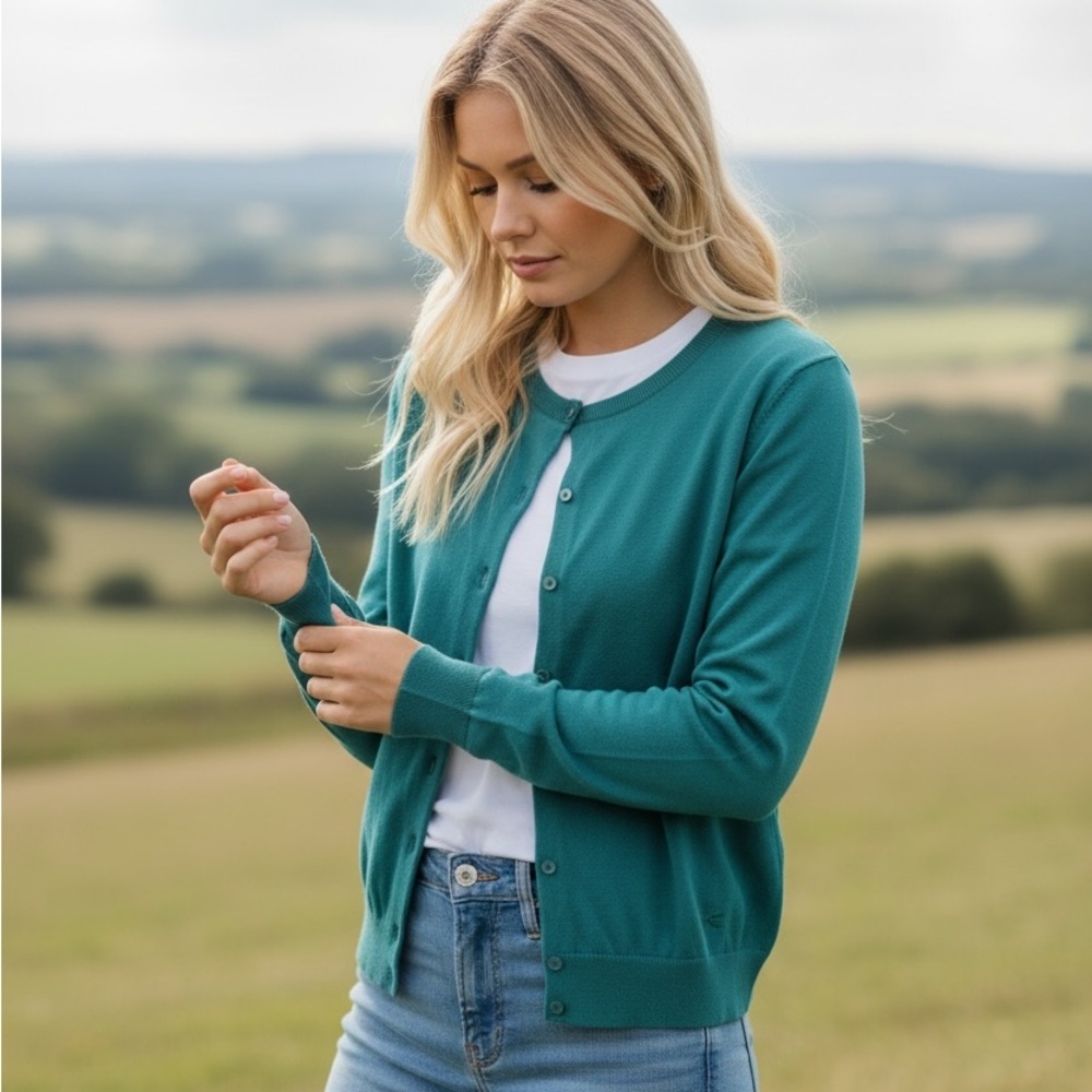 Tyler Boe Teal Dragonfly Cardigan Women’s Button Front Knit Sweater Classic